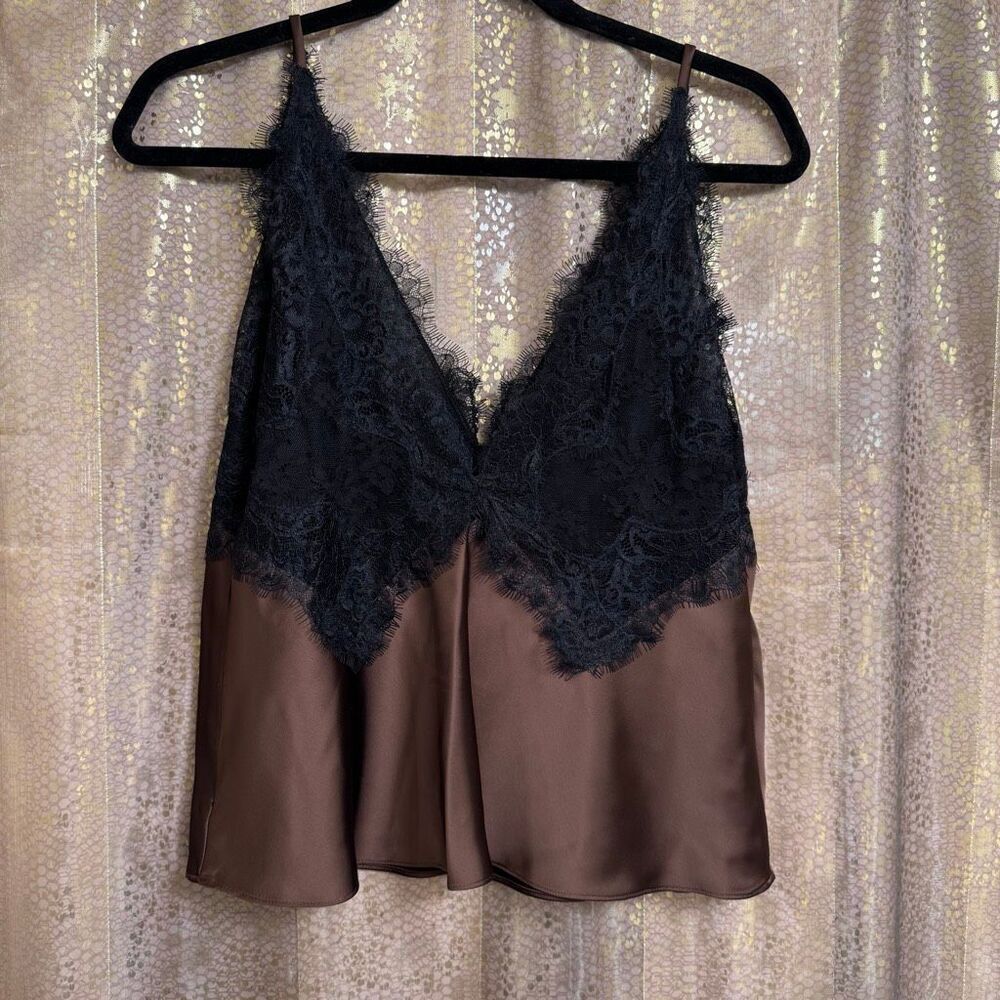 LoveShackFancy Elloryn Satin Cami Top Chocolate Brown Black Lace L NWT
